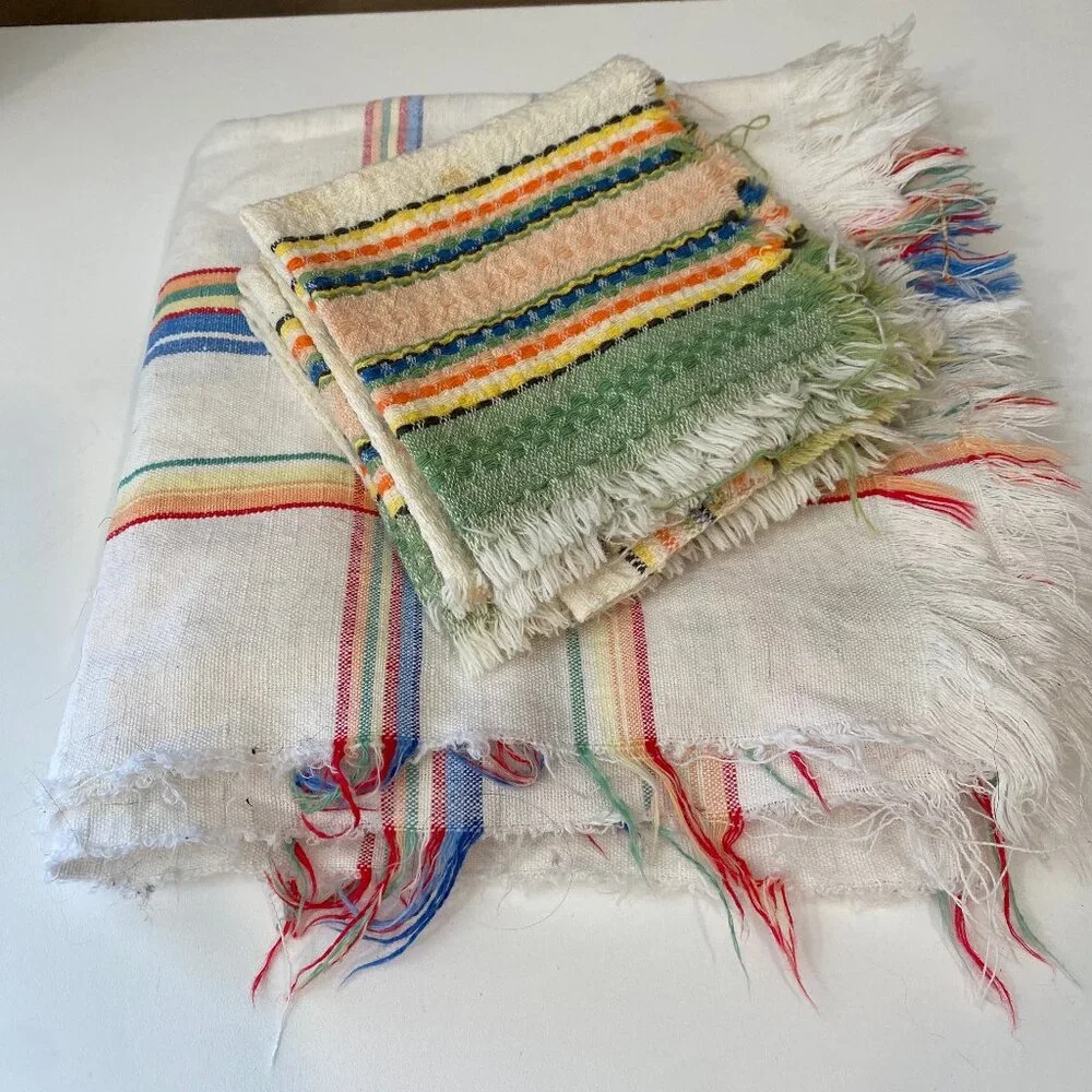 VTG Turkish Tablecloth & 4‎ Cotton Napkins Striped Picnic Set 5 Pc